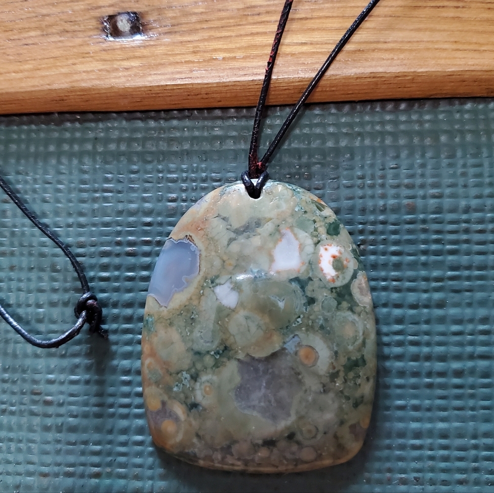 Green Picture Jasper Flat Stone Corded Pendant Necklace, 14"